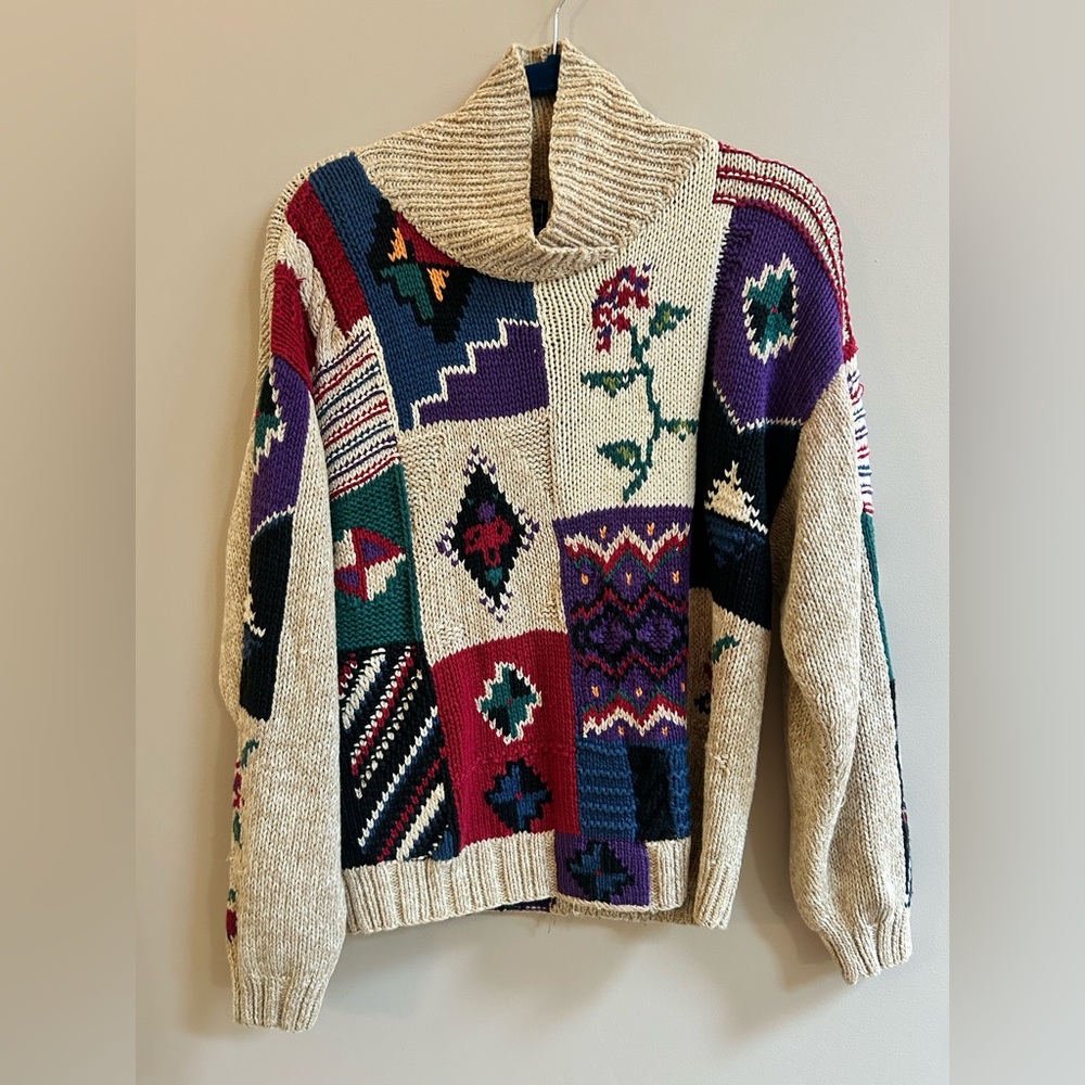 Woolrich Vintage Colorful Patchwork Sweater Top, Pullover High Neck Sweater